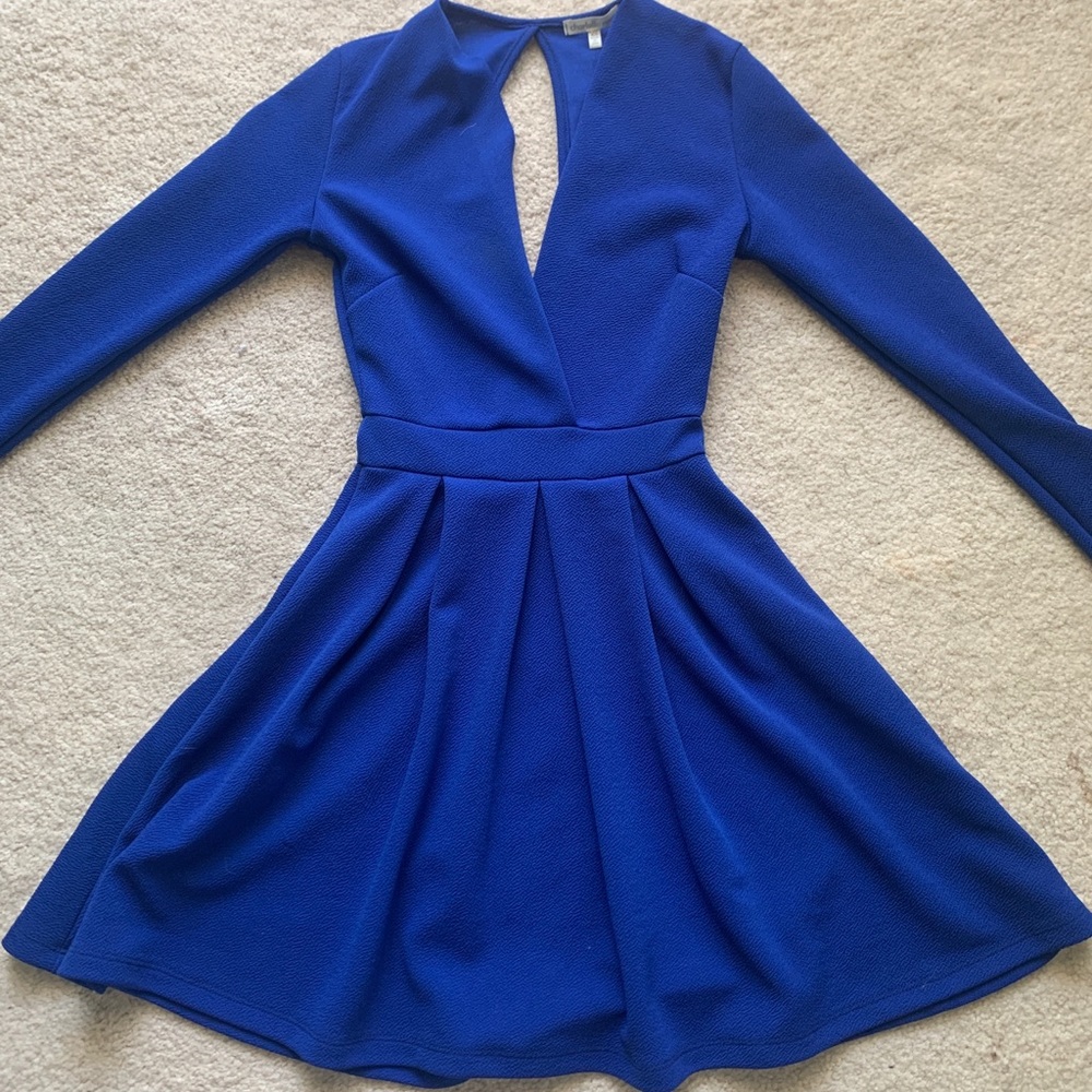 Open back low front blue dress